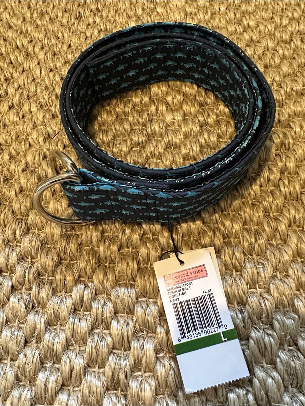 Vineyard Vines Navy Belt with Light Blue Fish Pattern